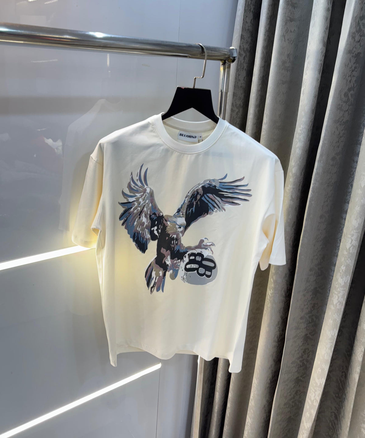 Bluorn g Cream Eagle Embo..ssed Print Imported Oversized T-Shirt