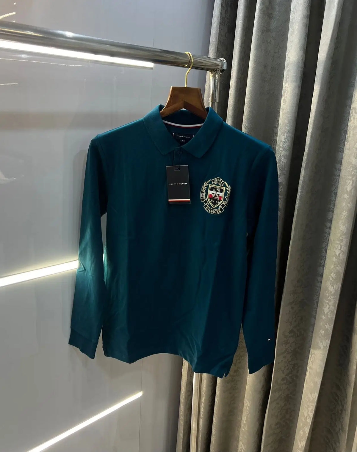Tomm y Hilfiger petrol Blue Logo Print Premium Full Sleeve Polo T-Shirt