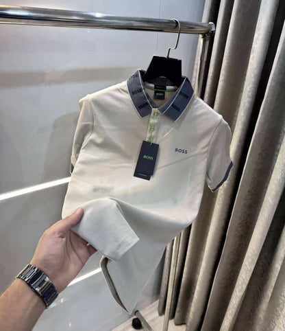 Hugo Boss Beige Collar Logo Premium Polo T-Shirt