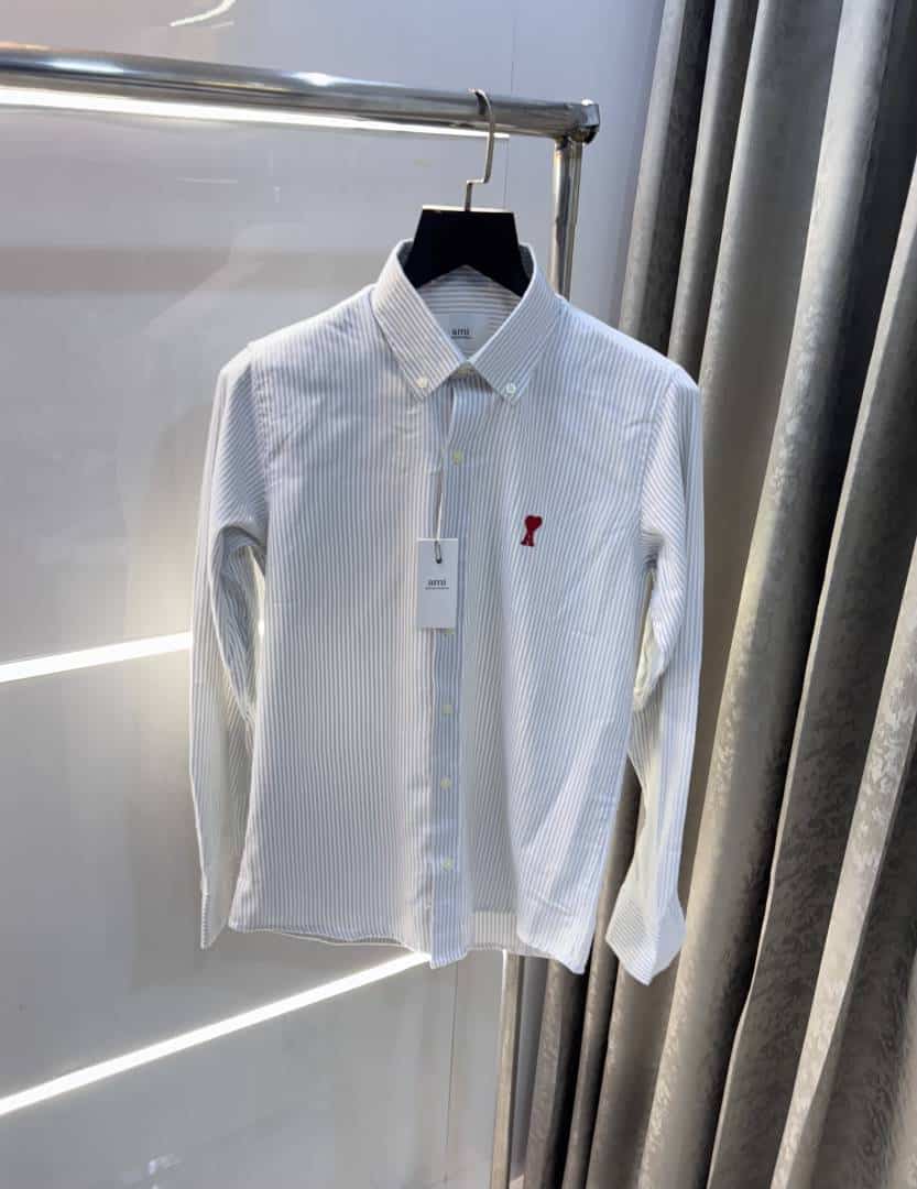 Ami Paris Grey Stripes Embroidery Logo Premium Shirt