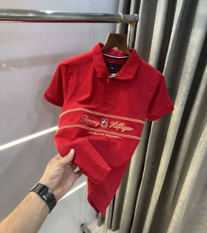 Tommy Hilfiger Red Embroidery Logo Premium Polo T-Shirt
