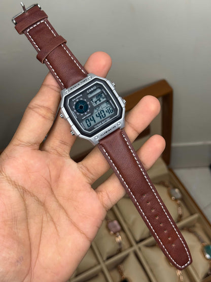 Casi o Illuminator Silver Case Digital With Brown Leather Strap