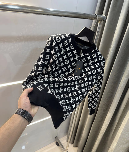 Louis  Vuitton Black EmBo...sS..ed Imported Knitted Pull Over