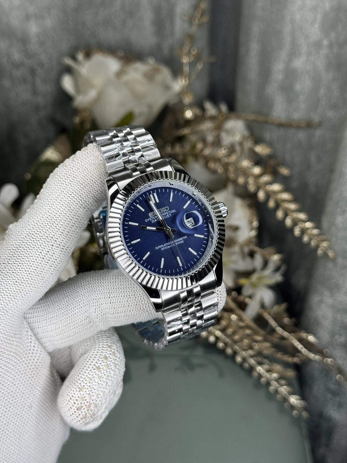 Seiko Datejust Silver Blue Sunburst Dial Premium Watch
