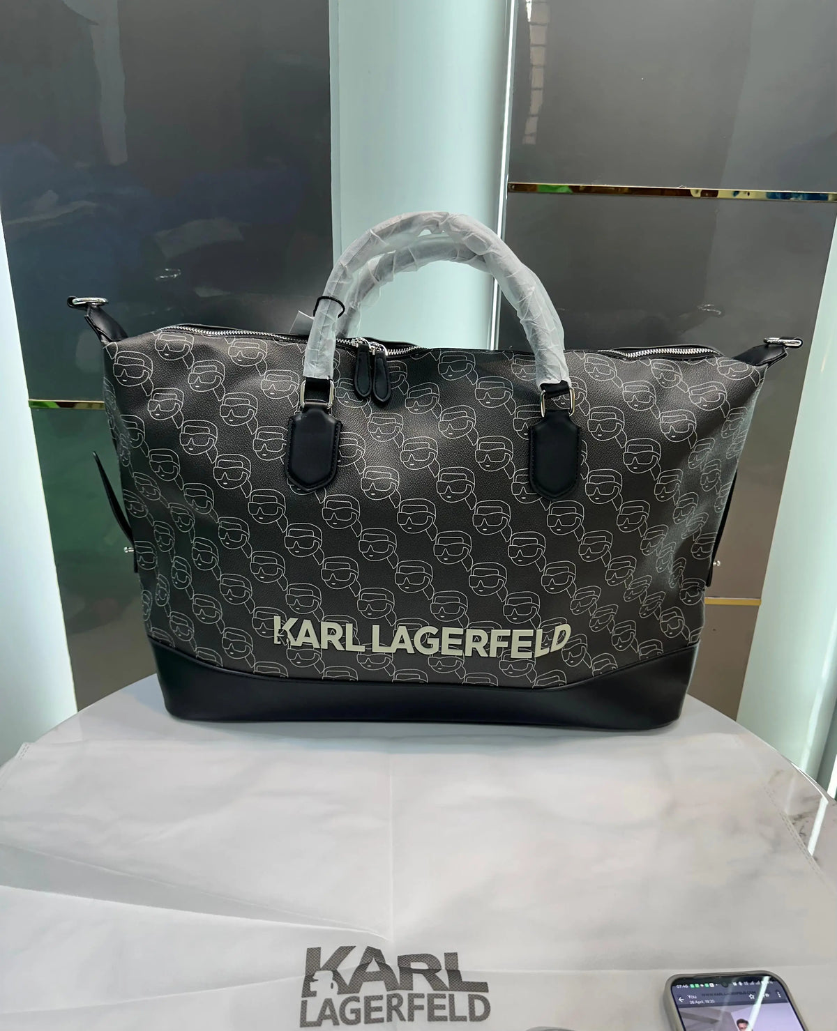 Karl Lagerfel d Brown Black Monogram Luxury Imported Duffel Bag