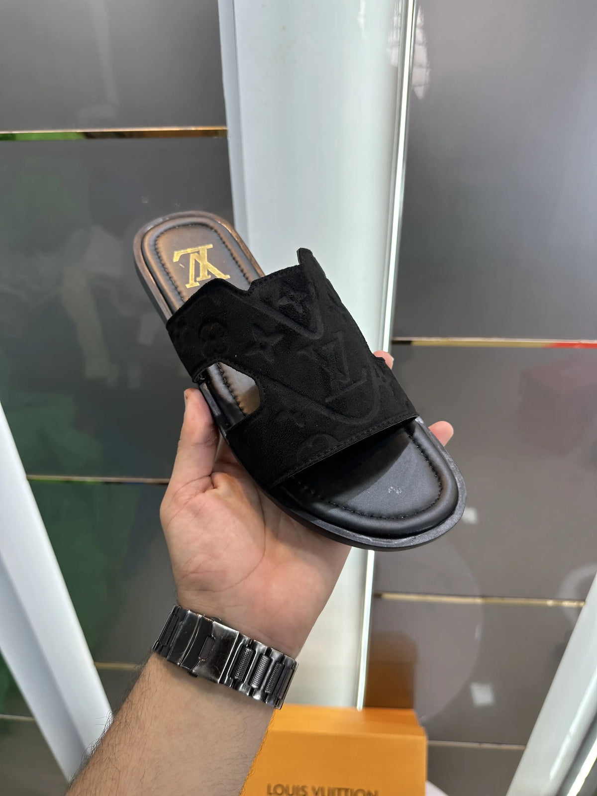 Louis_Vuitton_Black Suede Leather Slide