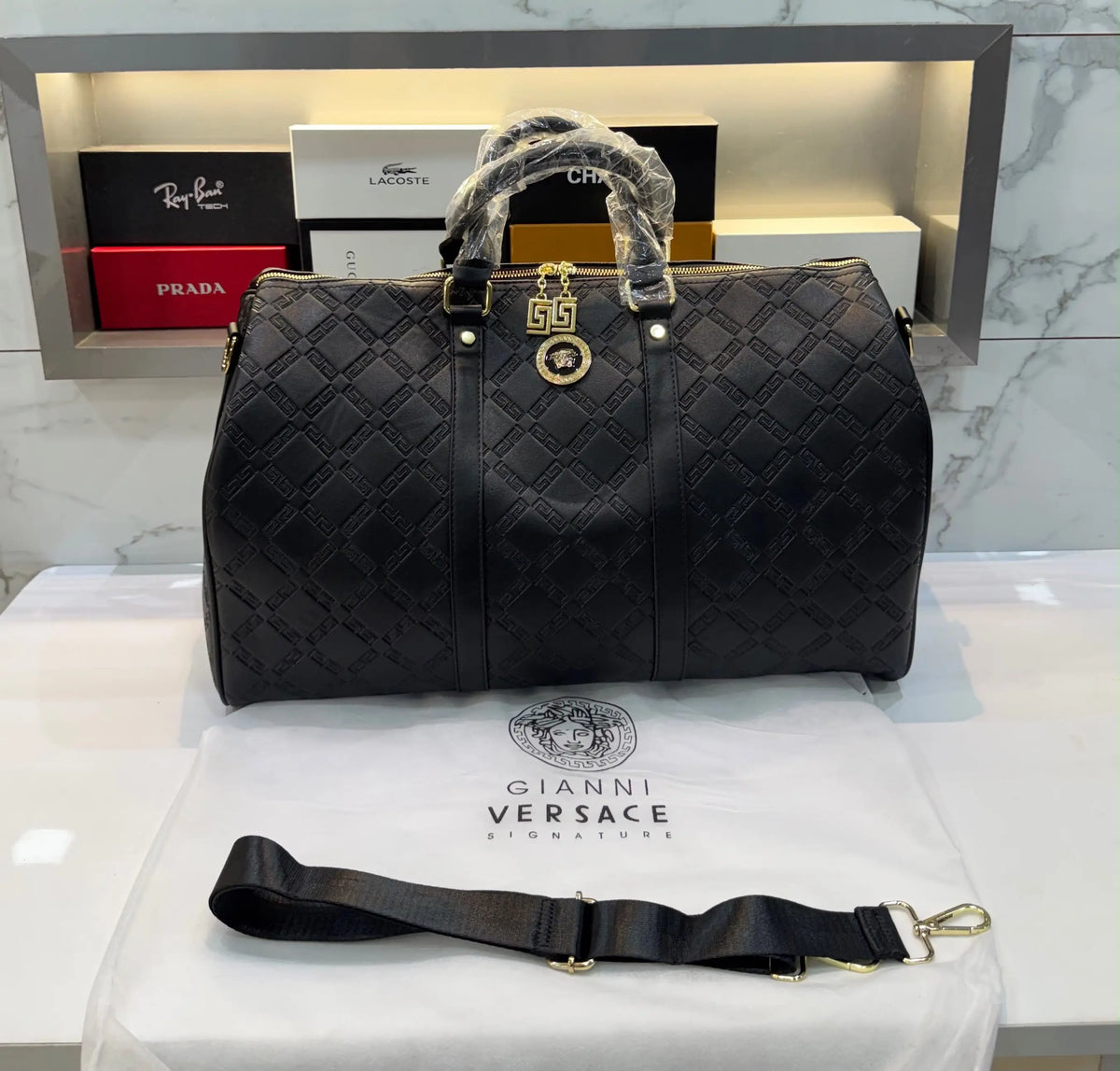 Versace Embossed Luxury Imported Duffel Bag  Black V7845