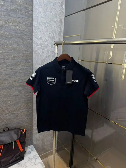 Hug o  Bos s X Porsche Navy Blue Logo Work Premium Polo T-shirt