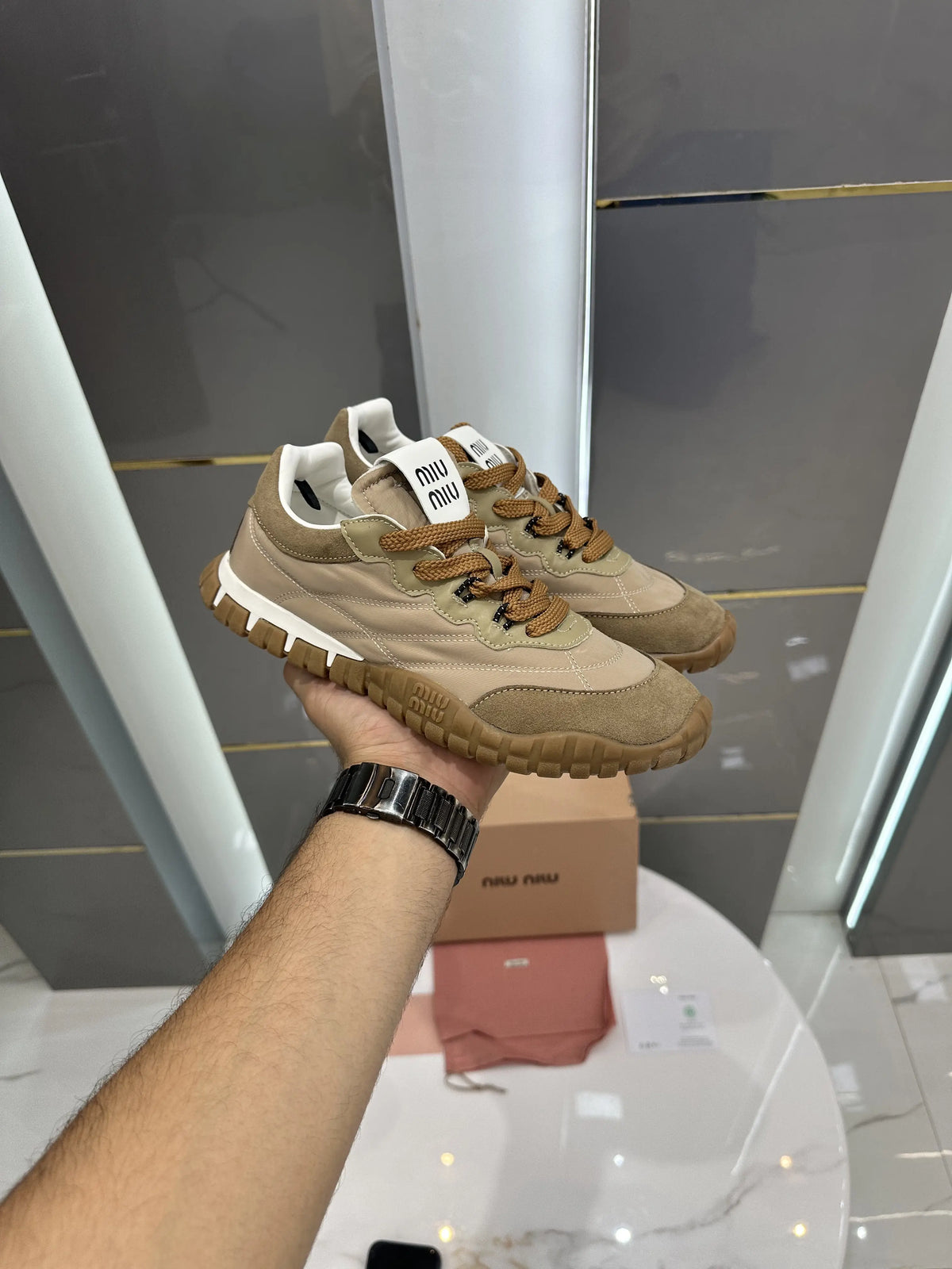 Miu_Miu_Tyre Beige & Brown Sneakers