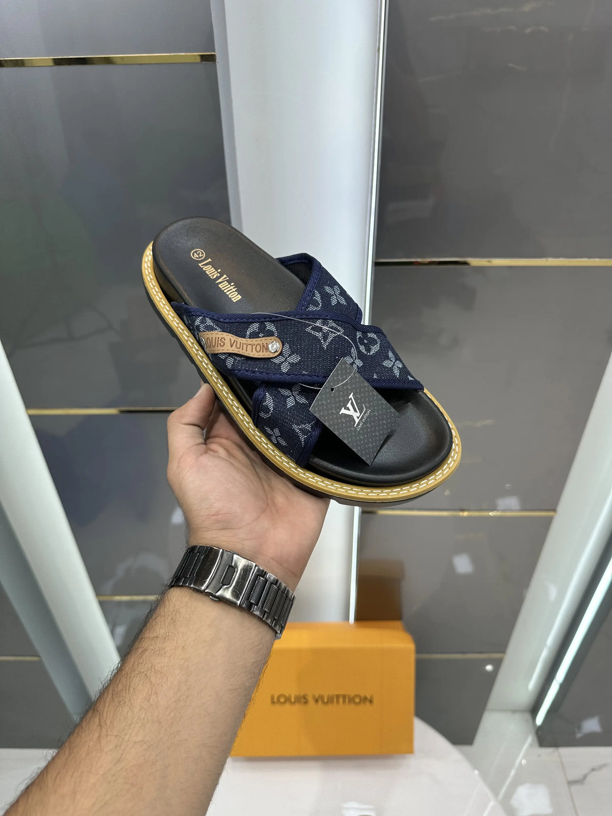 Louis_Vuitton Blue Cross Monogram Denim Slide