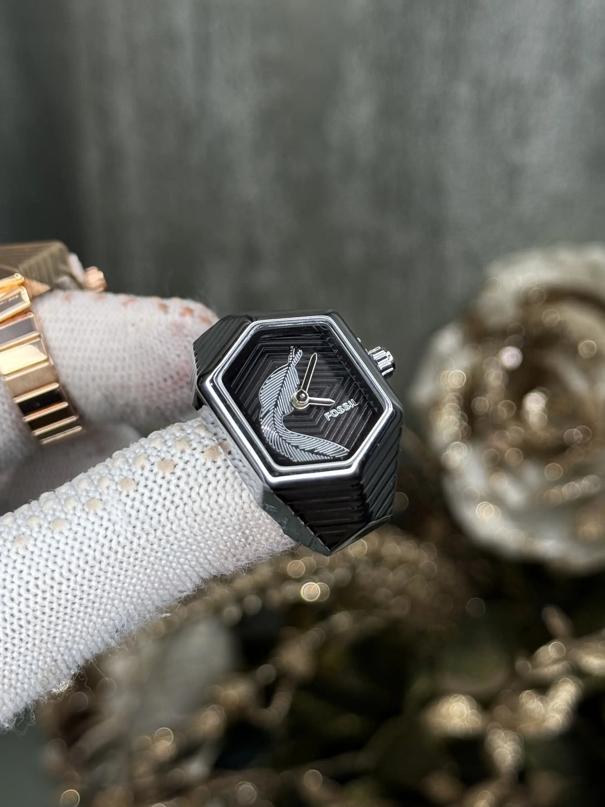 Fossi l Serpentine Silver Black Ring Analog Watch
