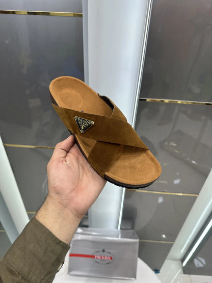 Prada_Tan Cross Premium Suede Leather Slide